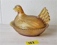 Vtg Indiana Marigold Carnival Glass Hen on Nest