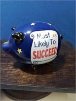 Most likely to succeed blue ceramic piggy bank