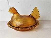 Vtg Indiana Amber Carnival Glass Hen on Nest Dish