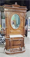 (M) Antique Carved Wood and Marble Hall Tree with