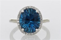 4.25 Ct Blue Topaz Diamond Ring 14 Kt