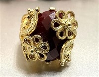Sterling Silver Ruby Flower Intricate Design Ring
