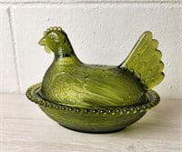 Vtg Indiana Olive Carnival Glass Hen on Nest Dish