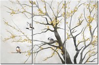 3 pc Bird on Tree Canvas Art  Gold Foil Print