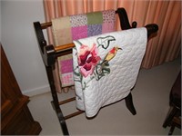 QUILT RACK & 2 LAP THROWS, 1 MADE BY GAINESBORO