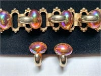 Vintage Bracelet & Earrings Set Iridescent Glass