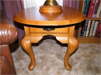 PAIR 1 DRAWER ROUND OAK END TABLES 21" TALL