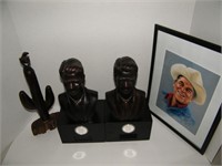 REAGAN:: 2 WOOD STATUES, PICTURE & CACTUS CARVING