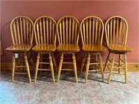 Five Wooden Swivel Counter Stools