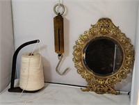 3 Vintage Items- String Holder, Balance & Mirror