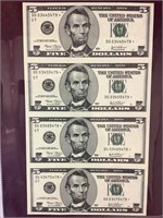 Uncut Sheet 2003 Four $5 Star Notes, Uncirculated