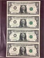 Uncut Sheet 1995 Four $1 Notes, Uncirculated