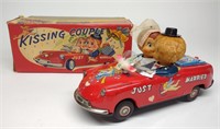 Japan Battery Op Kissing Couple Tin Toy Car w/ Box