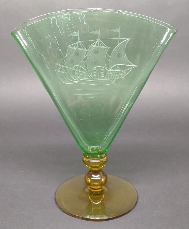 Steuben Signed Art Glass Fan Vase w/ Ship Etching