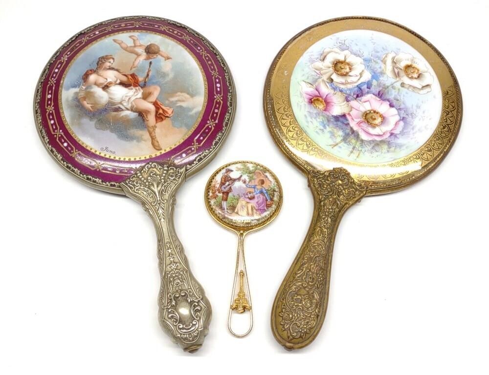 3 Antique Porcelain Painted Vanity Mirrors