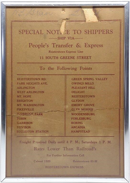Antique Reisterstown Express Line Shipper Notice