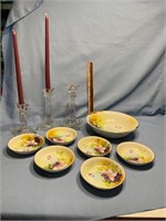 Porcelain dishes, and cut glass candlesticks