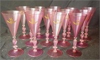 13 Venetian rose colored hand blown stemware