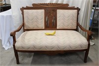 Vintage Carved Wood Upholstered Loveseat