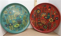 Vintage round Green & red bird flower trays. 13in