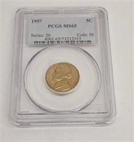 1957 pcgs ms65 Jefferson nickel with toning