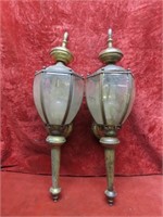 (2) brass & glass outdoor sconce light fixtures.