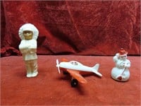Hubley airplane, Indian, snowman plastic toys.