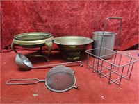 Brass chaffing dish, bowl, milk carrier, ladles.