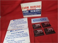 Farm bureau & assorted signs, tags.