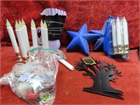 Battery candles, star lights, ornaments.