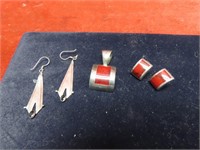 Sterling silver marked pendant, earrings.