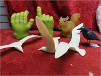 Ogre hands, bird figures, squirrel figure, Raven