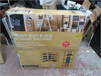 Heavy duty black corner shelving.