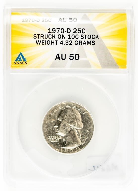Coin 1970-D Wash Qtr Struck-10C Stock-ANACS-AU50