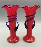 Czech Red Tango Vases With Lobed Trailing