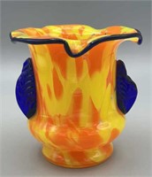 Czech Mottled Orange/Yellow Vase w/ Cobalt Accents
