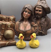 Holland Hispanic bust-molded book ends and ducks