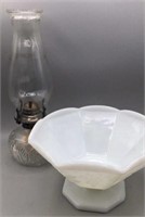 Vintage Hurricane Lamp- Vintage Milk Glass Bowl
