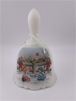 FENTON SATIN HAND PAINTED BOY & GIRL W/BIRDS BELL