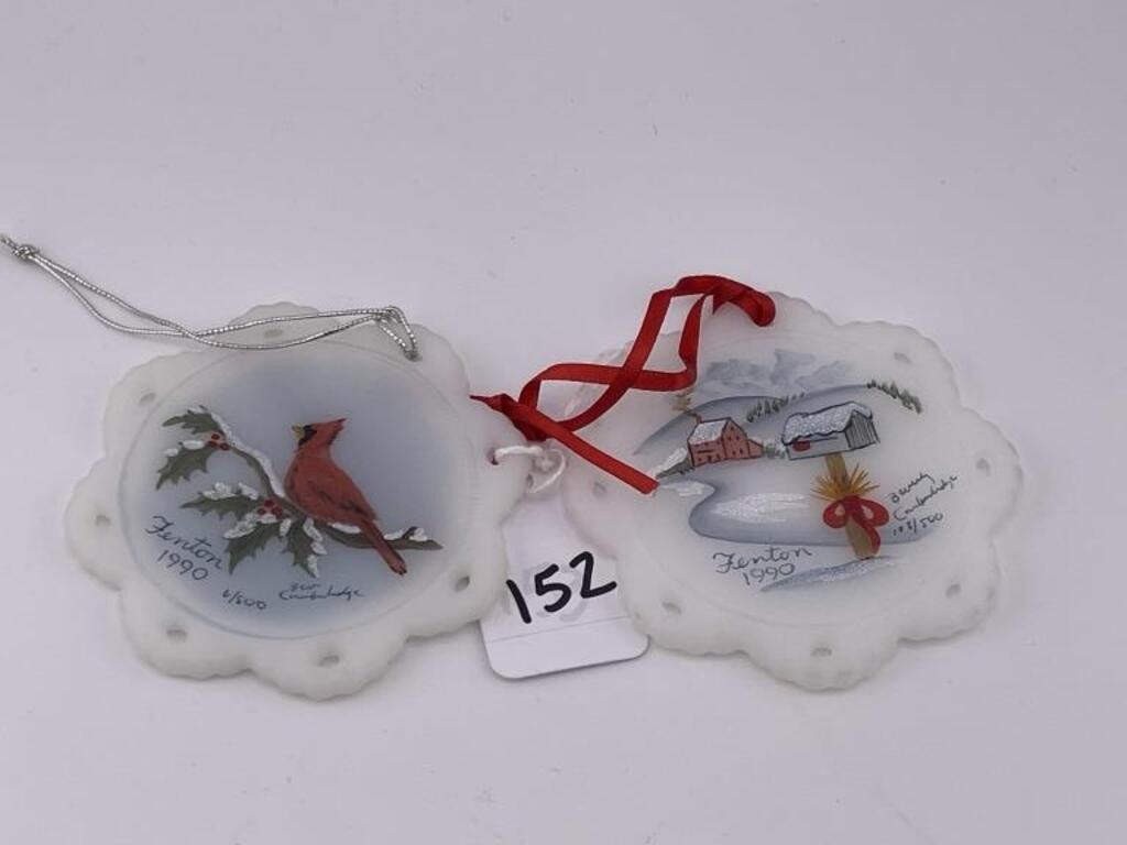 FENTON LOT OF 2 HAND PAINTED ORNAMENTS DATED 1990