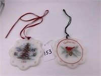 FENTON LOT OF 2 HAND PAINTED ORNAMENTS DATED 1991