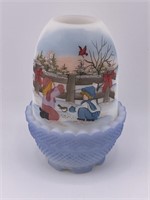 FENTON WHITE SATIN GIRL & BOY W/ BIRDS FAIRY LAMP