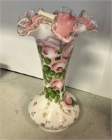 Hand Painted Pink and White Fenton Style Flower Va