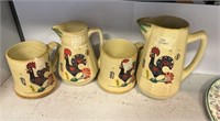 Argilart Pottery Rooster Cups and Pitcher