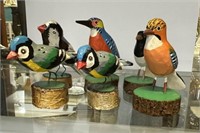 Six Hand Carved Painted Birds from Poland