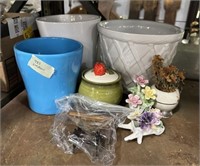 Group of Ceramic Planters, Sugar, and Vase