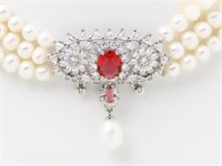 Freshwater Pearl, Ruby & White Topaz Necklace