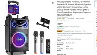 $260 Moukey Karaoke Machine, 10" Woofer Portable