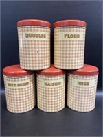 Set of Vintage Metal Canisters Red Checks