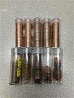 Assortment of pennies in tubes, 10 tubes, most